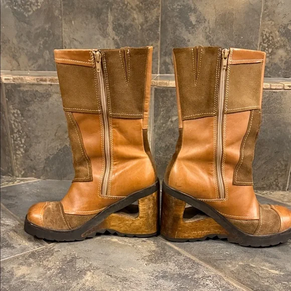 Stylish Patchwork Heeled Boots in Brown and Tan - Picture 2 of 5